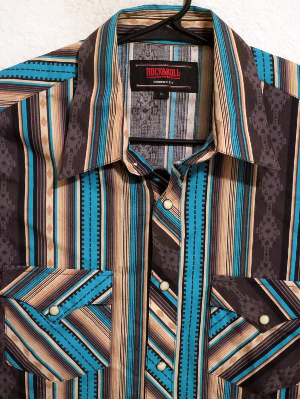 Rock & Roll Denim Shirt Mens Large Long Sleeve Snap Black Green Striped Western